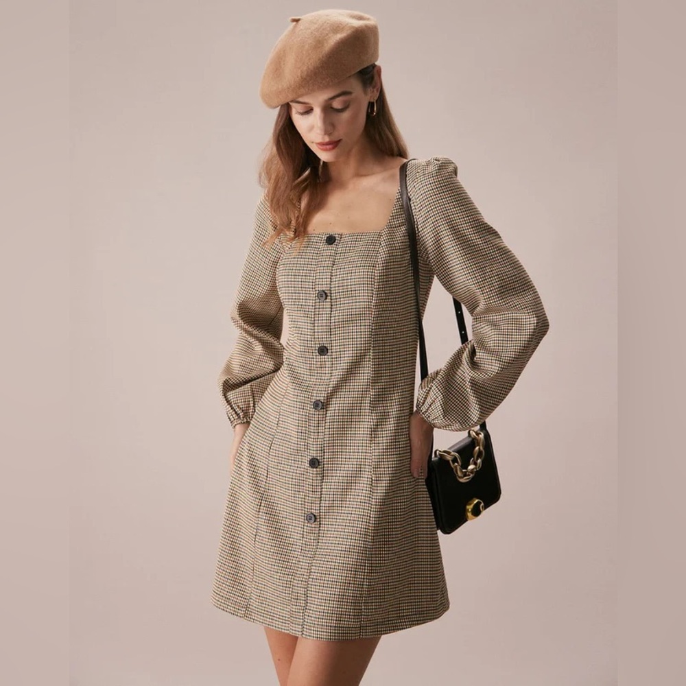 NWT RIHOAS Plaid Long Sleeve Dress - Tan and Black